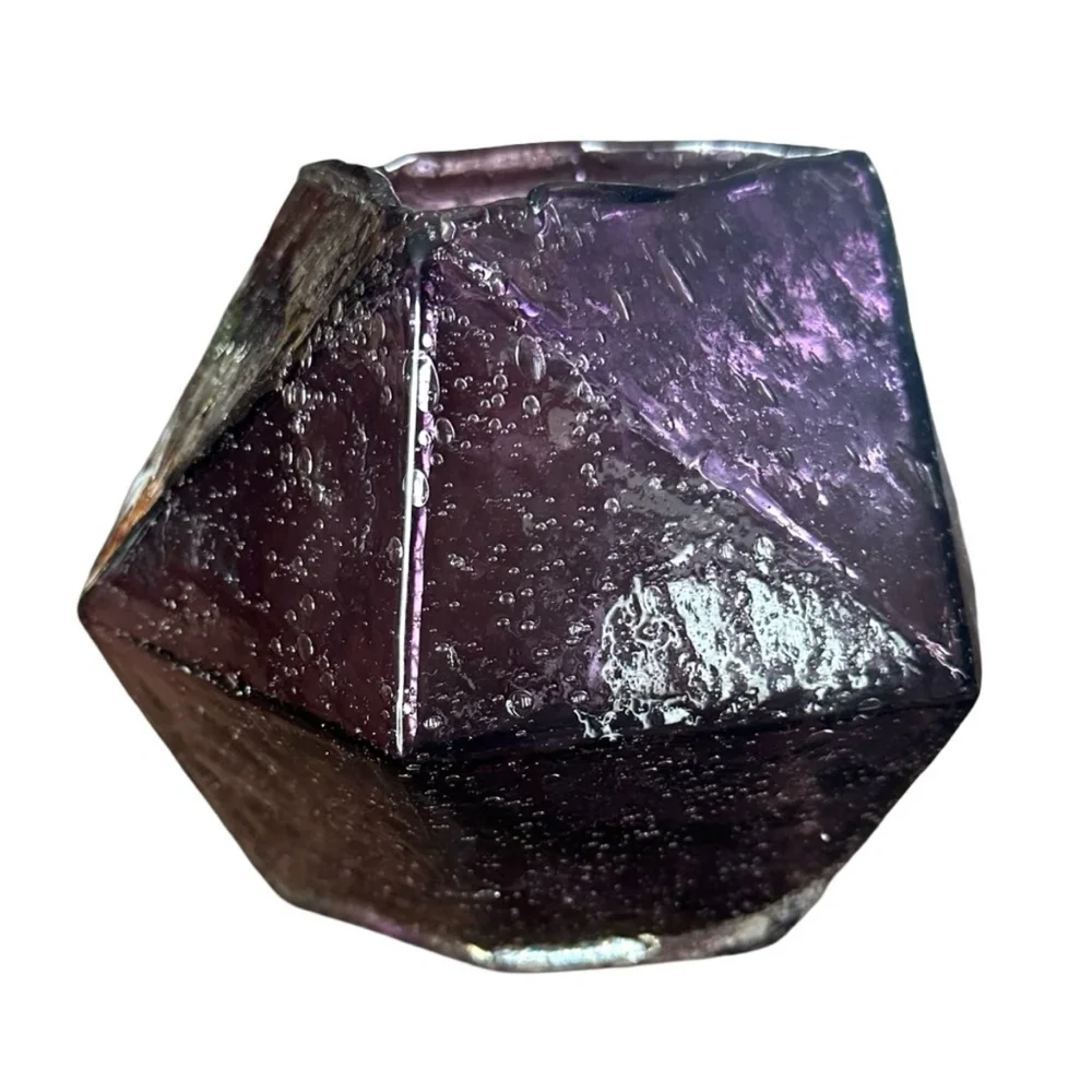ANTHROPOLOGIE Geometric Amethyst Hand Blown Seeded Gem Glass Vase 6”x 8” Faceted